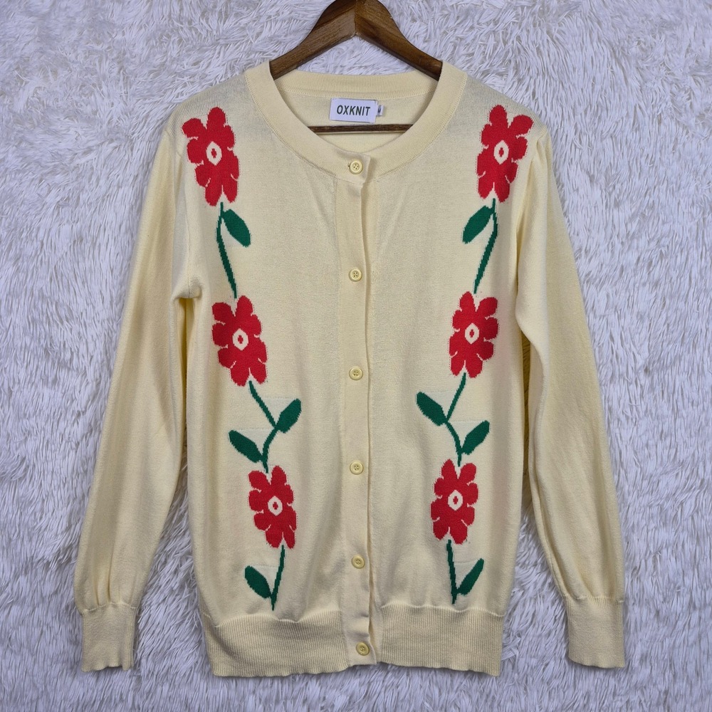 Oxknit Womens Cream Yellow Floral Cotton Cardigan Sweater Medium Red Twee